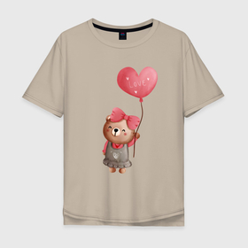 Мужская футболка хлопок Oversize с принтом Мишка с воздушным шариком в виде сердца в Екатеринбурге, 100% хлопок | свободный крой, круглый ворот, “спинка” длиннее передней части | 