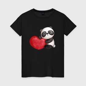 Женская футболка хлопок с принтом Панда с красным сердцем , 100% хлопок | прямой крой, круглый вырез горловины, длина до линии бедер, слегка спущенное плечо | 