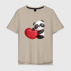 Мужская футболка хлопок Oversize с принтом Панда с красным сердцем в Новосибирске, 100% хлопок | свободный крой, круглый ворот, “спинка” длиннее передней части | 