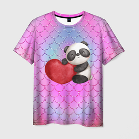 Мужская футболка 3D с принтом Милая панда с сердечком в Новосибирске, 100% полиэфир | прямой крой, круглый вырез горловины, длина до линии бедер | 