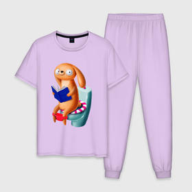 Мужская пижама хлопок с принтом Собачка сидит на унитазе и читает книгу , 100% хлопок | брюки и футболка прямого кроя, без карманов, на брюках мягкая резинка на поясе и по низу штанин
 | 