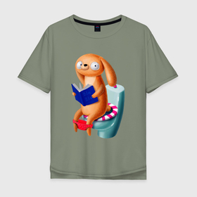 Мужская футболка хлопок Oversize с принтом Собачка сидит на унитазе и читает книгу , 100% хлопок | свободный крой, круглый ворот, “спинка” длиннее передней части | 
