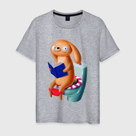 Мужская футболка хлопок с принтом Собачка сидит на унитазе и читает книгу , 100% хлопок | прямой крой, круглый вырез горловины, длина до линии бедер, слегка спущенное плечо. | 