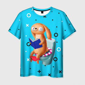 Мужская футболка 3D с принтом Собачка сидит в туалете и читает книгу в Петрозаводске, 100% полиэфир | прямой крой, круглый вырез горловины, длина до линии бедер | 