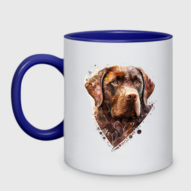 Кружка двухцветная с принтом Лабрадор шоколадный: dogs give us love , керамика | объем — 330 мл, диаметр — 80 мм. Цветная ручка и кайма сверху, в некоторых цветах — вся внутренняя часть | 