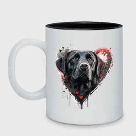 Кружка двухцветная с принтом Лабрадор черный: dogs give us love , керамика | объем — 330 мл, диаметр — 80 мм. Цветная ручка и кайма сверху, в некоторых цветах — вся внутренняя часть | 