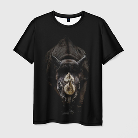 Мужская футболка 3D с принтом Мощный носорог в Тюмени, 100% полиэфир | прямой крой, круглый вырез горловины, длина до линии бедер | 