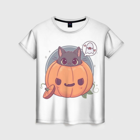 Женская футболка 3D с принтом Хэллоуинский котик в Санкт-Петербурге, 100% полиэфир ( синтетическое хлопкоподобное полотно) | прямой крой, круглый вырез горловины, длина до линии бедер | 