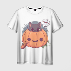 Мужская футболка 3D с принтом Хэллоуинский котик в Санкт-Петербурге, 100% полиэфир | прямой крой, круглый вырез горловины, длина до линии бедер | 