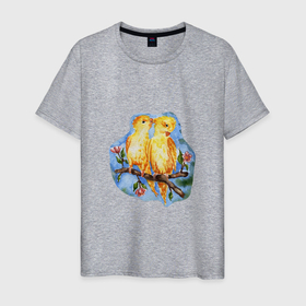 Мужская футболка хлопок с принтом Попугаи пара любовь в Санкт-Петербурге, 100% хлопок | прямой крой, круглый вырез горловины, длина до линии бедер, слегка спущенное плечо. | 