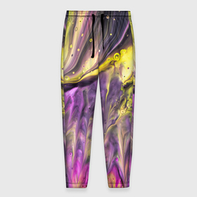 Мужские брюки 3D с принтом Фиолетово жёлтый волны красок в абстракции в Белгороде, 100% полиэстер | манжеты по низу, эластичный пояс регулируется шнурком, по бокам два кармана без застежек, внутренняя часть кармана из мелкой сетки | Тематика изображения на принте: 