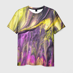 Мужская футболка 3D с принтом Фиолетово жёлтый волны красок в абстракции в Кировске, 100% полиэфир | прямой крой, круглый вырез горловины, длина до линии бедер | 