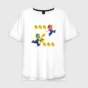 Мужская футболка хлопок Oversize с принтом Луиджи и Марио собирают монетки в Петрозаводске, 100% хлопок | свободный крой, круглый ворот, “спинка” длиннее передней части | 
