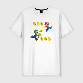 Мужская футболка хлопок Slim с принтом Луиджи и Марио собирают монетки в Петрозаводске, 92% хлопок, 8% лайкра | приталенный силуэт, круглый вырез ворота, длина до линии бедра, короткий рукав | 
