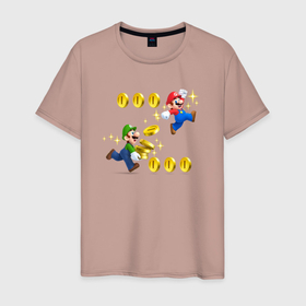 Мужская футболка хлопок с принтом Луиджи и Марио собирают монетки в Белгороде, 100% хлопок | прямой крой, круглый вырез горловины, длина до линии бедер, слегка спущенное плечо. | Тематика изображения на принте: 