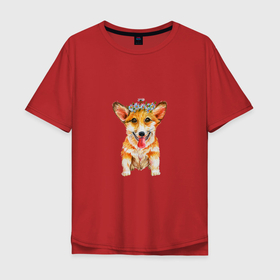 Мужская футболка хлопок Oversize с принтом Корги собака с ромашками в Курске, 100% хлопок | свободный крой, круглый ворот, “спинка” длиннее передней части | Тематика изображения на принте: 