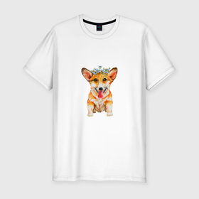 Мужская футболка хлопок Slim с принтом Корги собака с ромашками в Курске, 92% хлопок, 8% лайкра | приталенный силуэт, круглый вырез ворота, длина до линии бедра, короткий рукав | Тематика изображения на принте: 