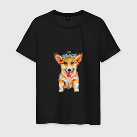 Мужская футболка хлопок с принтом Корги собака с ромашками в Курске, 100% хлопок | прямой крой, круглый вырез горловины, длина до линии бедер, слегка спущенное плечо. | Тематика изображения на принте: 
