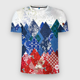 Мужская футболка 3D Slim с принтом Флаг России в стиле пэчворк в Санкт-Петербурге, 100% полиэстер с улучшенными характеристиками | приталенный силуэт, круглая горловина, широкие плечи, сужается к линии бедра | Тематика изображения на принте: 