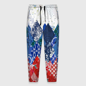 Мужские брюки 3D с принтом Флаг России в стиле пэчворк в Курске, 100% полиэстер | манжеты по низу, эластичный пояс регулируется шнурком, по бокам два кармана без застежек, внутренняя часть кармана из мелкой сетки | 