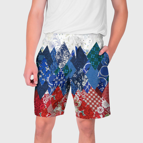 Мужские шорты 3D с принтом Флаг России в стиле пэчворк в Кировске,  полиэстер 100% | прямой крой, два кармана без застежек по бокам. Мягкая трикотажная резинка на поясе, внутри которой широкие завязки. Длина чуть выше колен | 