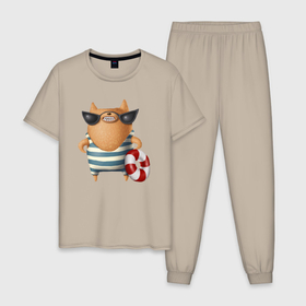 Мужская пижама хлопок с принтом Собачка спасатель на пляже в Кировске, 100% хлопок | брюки и футболка прямого кроя, без карманов, на брюках мягкая резинка на поясе и по низу штанин
 | 