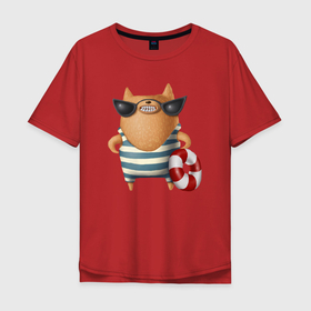 Мужская футболка хлопок Oversize с принтом Собачка спасатель на пляже в Екатеринбурге, 100% хлопок | свободный крой, круглый ворот, “спинка” длиннее передней части | 