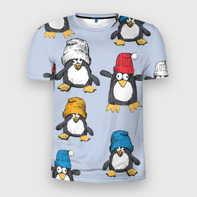 Мужская футболка 3D Slim с принтом Смешные пингвины в Кировске, 100% полиэстер с улучшенными характеристиками | приталенный силуэт, круглая горловина, широкие плечи, сужается к линии бедра | 