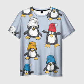 Мужская футболка 3D с принтом Смешные пингвины в Петрозаводске, 100% полиэфир | прямой крой, круглый вырез горловины, длина до линии бедер | 