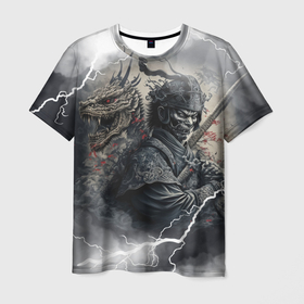 Мужская футболка 3D с принтом Дракон и самурай в Петрозаводске, 100% полиэфир | прямой крой, круглый вырез горловины, длина до линии бедер | 