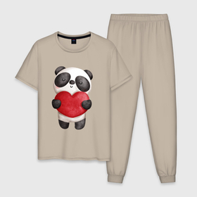 Мужская пижама хлопок с принтом Панда держит сердечко в Новосибирске, 100% хлопок | брюки и футболка прямого кроя, без карманов, на брюках мягкая резинка на поясе и по низу штанин
 | 