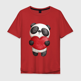 Мужская футболка хлопок Oversize с принтом Панда держит сердечко в Санкт-Петербурге, 100% хлопок | свободный крой, круглый ворот, “спинка” длиннее передней части | Тематика изображения на принте: 
