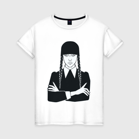 Женская футболка хлопок с принтом Wednesday Addams портрет в Белгороде, 100% хлопок | прямой крой, круглый вырез горловины, длина до линии бедер, слегка спущенное плечо | 