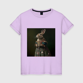 Женская футболка хлопок с принтом Мода и кролик в Екатеринбурге, 100% хлопок | прямой крой, круглый вырез горловины, длина до линии бедер, слегка спущенное плечо | 