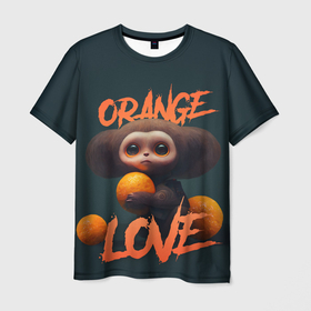 Мужская футболка 3D с принтом Милый персонаж с мандарином , 100% полиэфир | прямой крой, круглый вырез горловины, длина до линии бедер | 