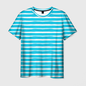 Мужская футболка 3D с принтом Голубая тельняшка Полосатый принт в Санкт-Петербурге, 100% полиэфир | прямой крой, круглый вырез горловины, длина до линии бедер | 