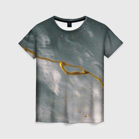 Женская футболка 3D с принтом Абстрактный серо белый туман и золотая краска в Курске, 100% полиэфир ( синтетическое хлопкоподобное полотно) | прямой крой, круглый вырез горловины, длина до линии бедер | 