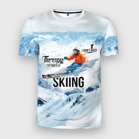 Мужская футболка 3D Slim с принтом Горные лыжи спуск в Курске, 100% полиэстер с улучшенными характеристиками | приталенный силуэт, круглая горловина, широкие плечи, сужается к линии бедра | 