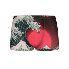 Мужские трусы 3D с принтом Японская волна в красном цвете в Кировске, 50% хлопок, 50% полиэстер | классическая посадка, на поясе мягкая тканевая резинка | Тематика изображения на принте: 
