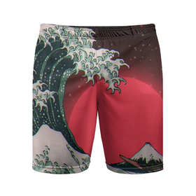 Мужские шорты спортивные с принтом Японская волна в красном цвете в Кировске,  |  | Тематика изображения на принте: 