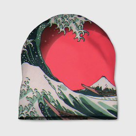 Шапка 3D с принтом Японская волна в красном цвете в Кировске, 100% полиэстер | универсальный размер, печать по всей поверхности изделия | Тематика изображения на принте: 