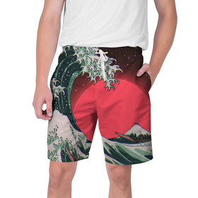 Мужские шорты 3D с принтом Японская волна в красном цвете ,  полиэстер 100% | прямой крой, два кармана без застежек по бокам. Мягкая трикотажная резинка на поясе, внутри которой широкие завязки. Длина чуть выше колен | 
