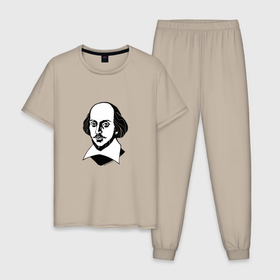 Мужская пижама хлопок с принтом Уильям Шекспир, графический портрет в Белгороде, 100% хлопок | брюки и футболка прямого кроя, без карманов, на брюках мягкая резинка на поясе и по низу штанин
 | Тематика изображения на принте: 
