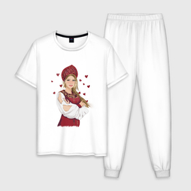 Мужская пижама хлопок с принтом девушка в кокошнике в Курске, 100% хлопок | брюки и футболка прямого кроя, без карманов, на брюках мягкая резинка на поясе и по низу штанин
 | 