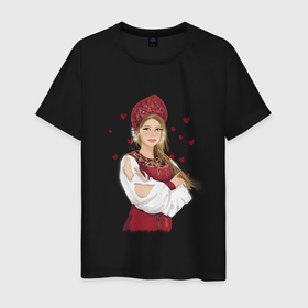 Мужская футболка хлопок с принтом девушка в кокошнике в Курске, 100% хлопок | прямой крой, круглый вырез горловины, длина до линии бедер, слегка спущенное плечо. | 