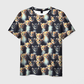 Мужская футболка 3D с принтом Много милых маленьких котят в Екатеринбурге, 100% полиэфир | прямой крой, круглый вырез горловины, длина до линии бедер | 