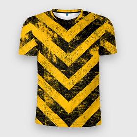 Мужская футболка 3D Slim с принтом Warning   желто черные полосы в Петрозаводске, 100% полиэстер с улучшенными характеристиками | приталенный силуэт, круглая горловина, широкие плечи, сужается к линии бедра | 
