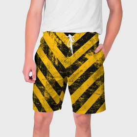 Мужские шорты 3D с принтом Warning   желто черные полосы в Петрозаводске,  полиэстер 100% | прямой крой, два кармана без застежек по бокам. Мягкая трикотажная резинка на поясе, внутри которой широкие завязки. Длина чуть выше колен | 
