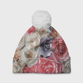 Шапка 3D c помпоном с принтом Multicolored roses в Новосибирске, 100% полиэстер | универсальный размер, печать по всей поверхности изделия | 