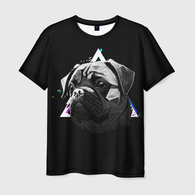 Мужская футболка 3D с принтом Лого Мопса , 100% полиэфир | прямой крой, круглый вырез горловины, длина до линии бедер | 